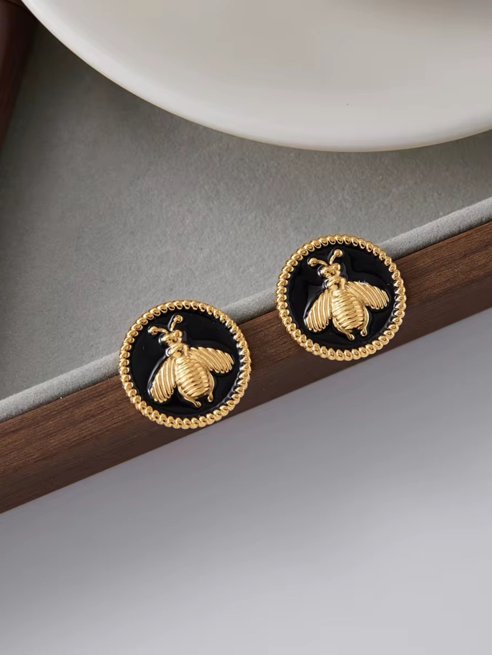 18K Gold Plated Black Enamel Button Bee Stud Earrings - Picture 1 of 6